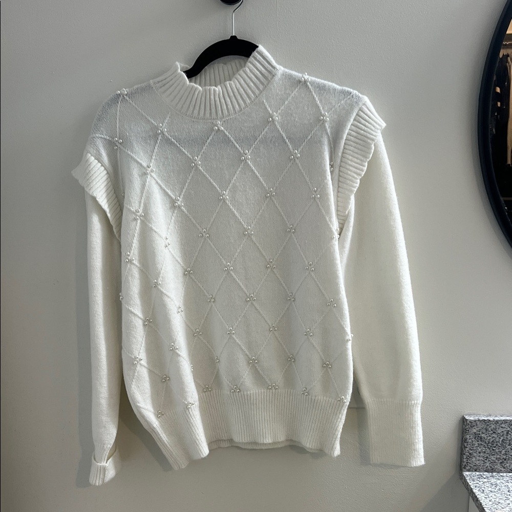 Vine & Love White Turtleneck Sweater with Pearl Details
